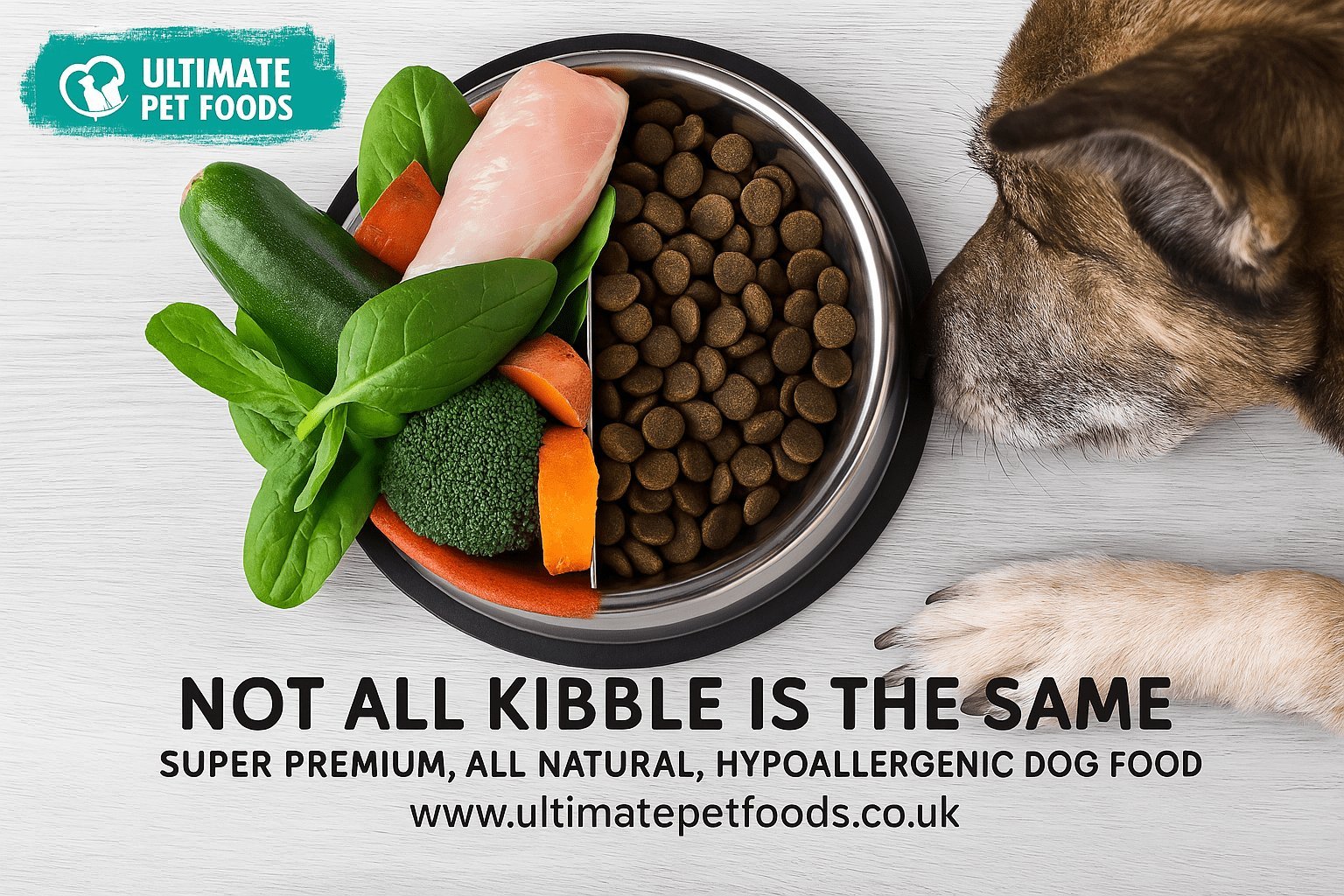 Two bowls of dog food with varying ingredients sit on a kitchen floor.