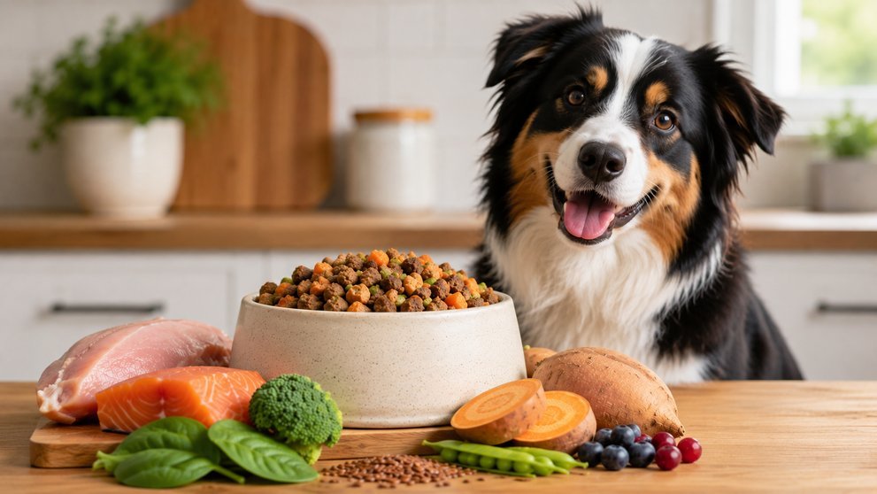 A veterinarian holding specialized dog food in a bright clinic setting.