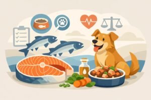 A healthy dog sitting near a bowl of nutritious dog food in a kitchen.