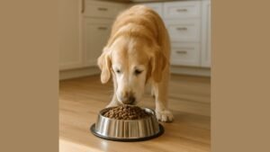An elderly golden retriever resting near a bowl of nutritious senior dog food.