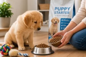 A golden retriever puppy sitting next to a bowl of healthy puppy food.