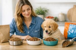 A golden retriever puppy waiting to eat the best dry dog food.