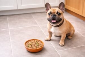 A happy bulldog sitting near a bowl of premium dog food at home.