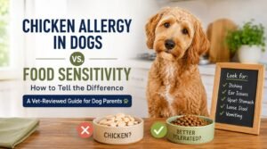 A happy dog sitting near a bowl of healthy chicken-free dog food.