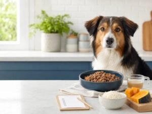 A happy dog waits for a bowl of nutritious wet dog food.