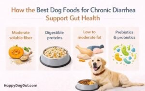 A healthy dog waiting to eat premium dry dog food in a kitchen.