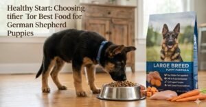 A healthy German Shepherd puppy sitting next to a bowl of nutritious dog food.