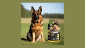 A healthy German Shepherd sits near a bowl of premium dog food.