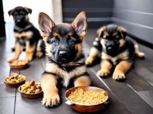 A healthy German Shepherd waits for its nutritious meal in a bright kitchen.