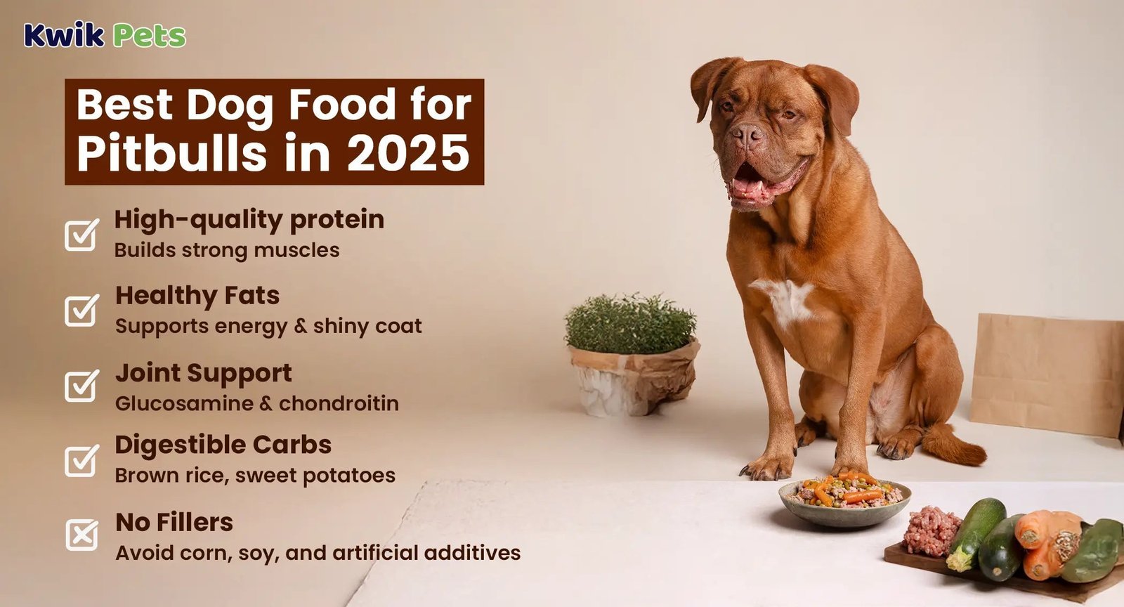 A healthy pitbull sitting next to a bowl of premium dog food.