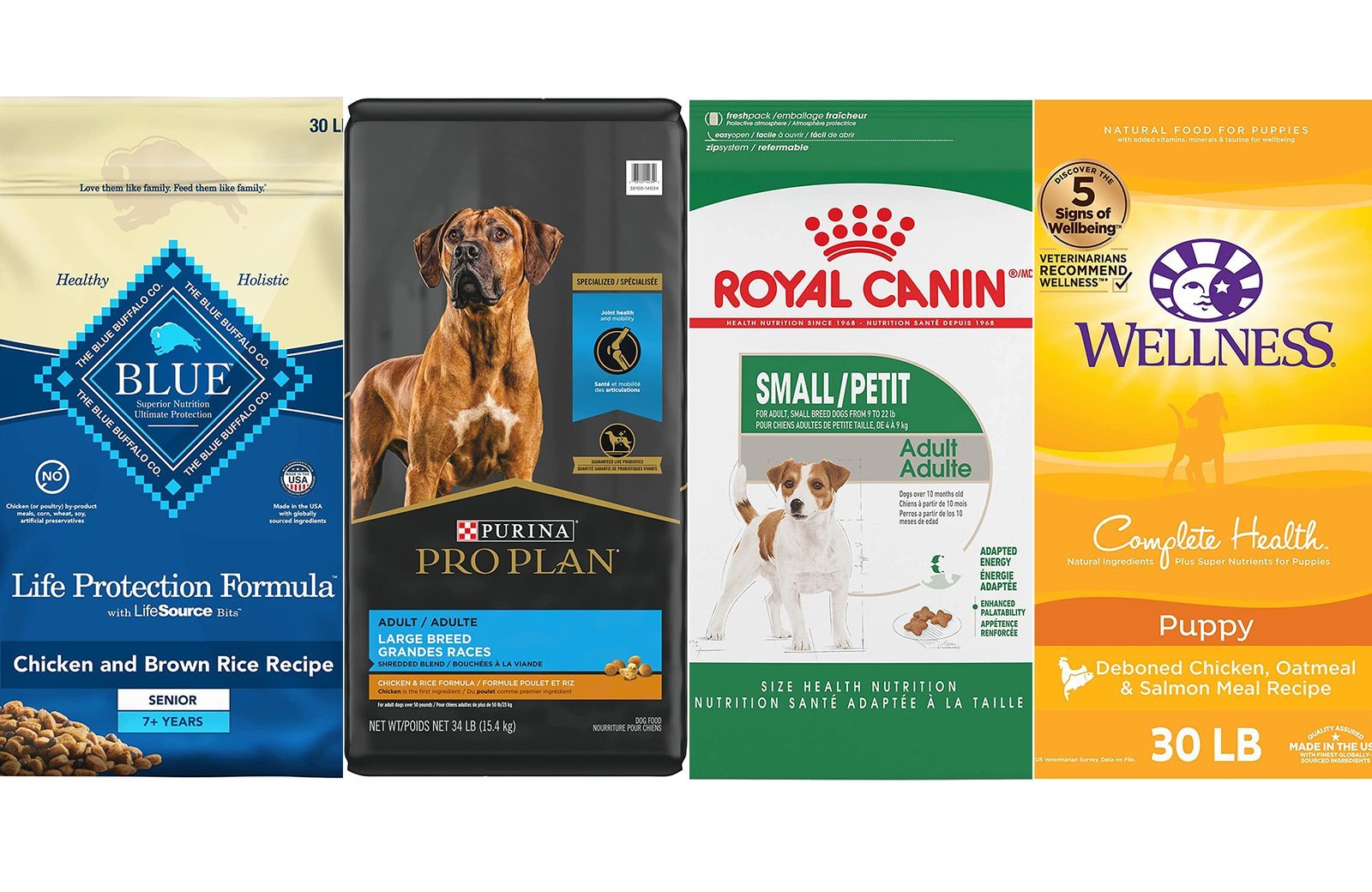 Specialized dog food packaging displayed in a clean, professional setting.