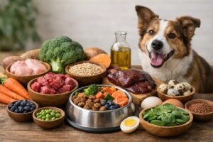A bowl of high-quality dog food featuring fresh ingredients on a kitchen floor.