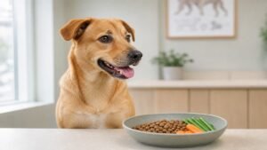 A healthy dog sits near a bowl of high-quality dog food in a modern kitchen.