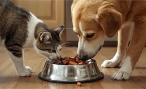 A happy dog waiting patiently by a bowl of nutritious dog food.