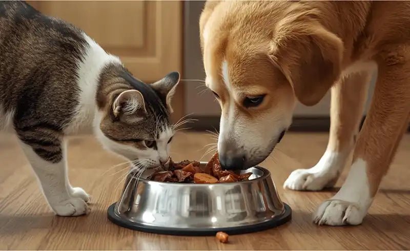A happy dog waiting patiently by a bowl of nutritious dog food.