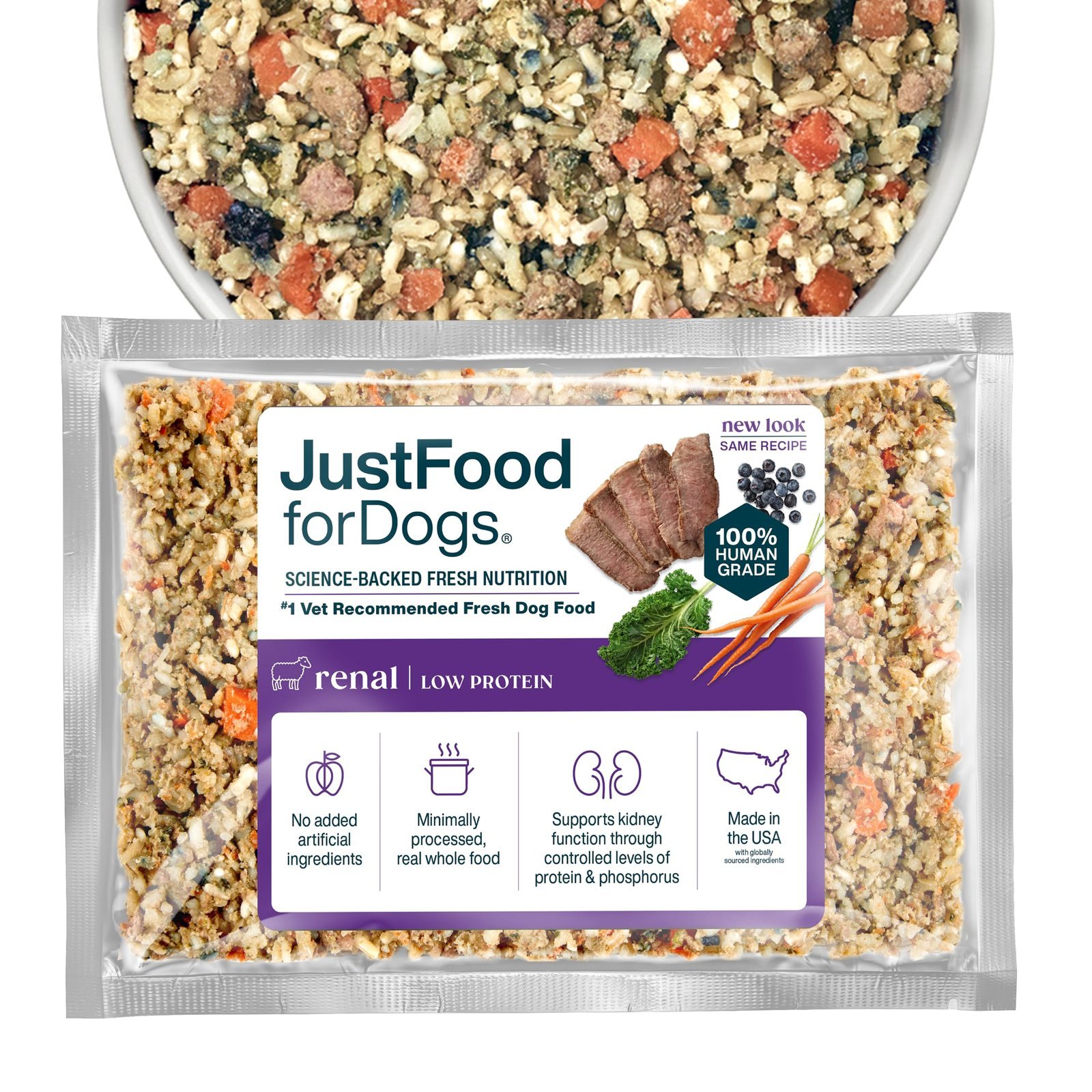 Various types of dog food and measuring tools arranged on a surface.