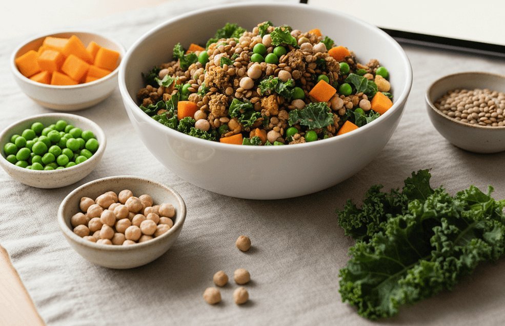 Checking the texture of cooked chicken and vegetables for dog food.