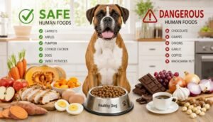 A healthy dog looking at a bowl of nutritious food in a kitchen.