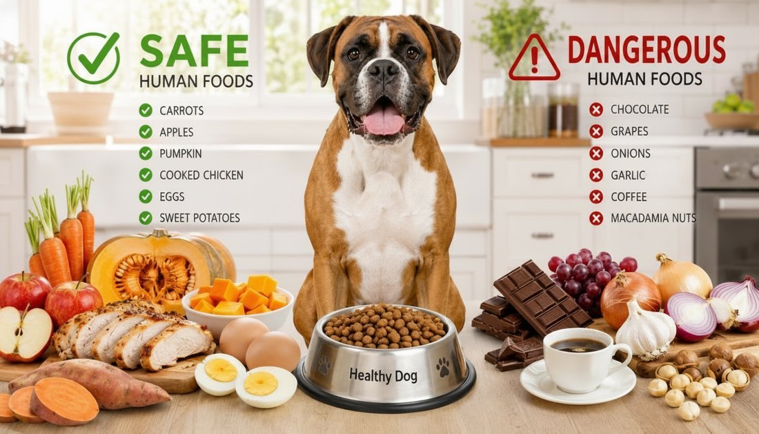 A healthy dog looking at a bowl of nutritious food in a kitchen.