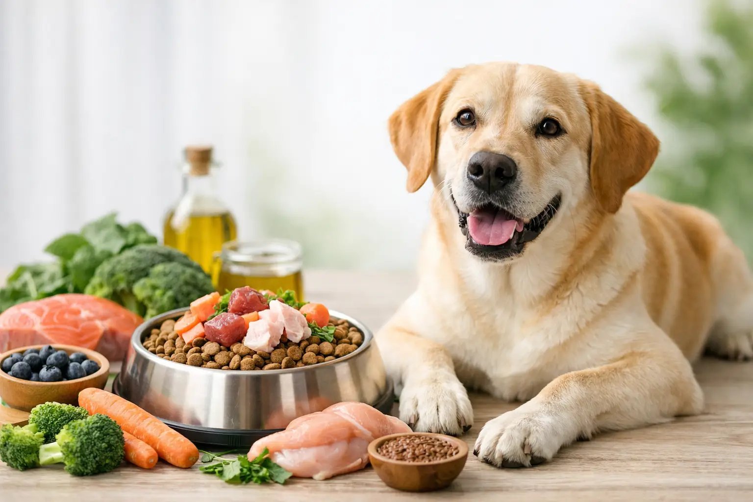 A hand holding a package of dog food to reveal the detailed ingredient list.