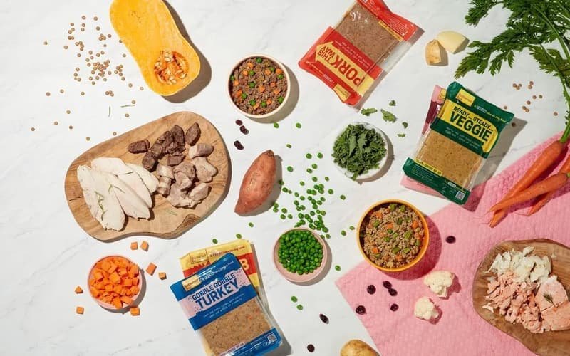 An open bag of dog food and table scraps on a counter.
