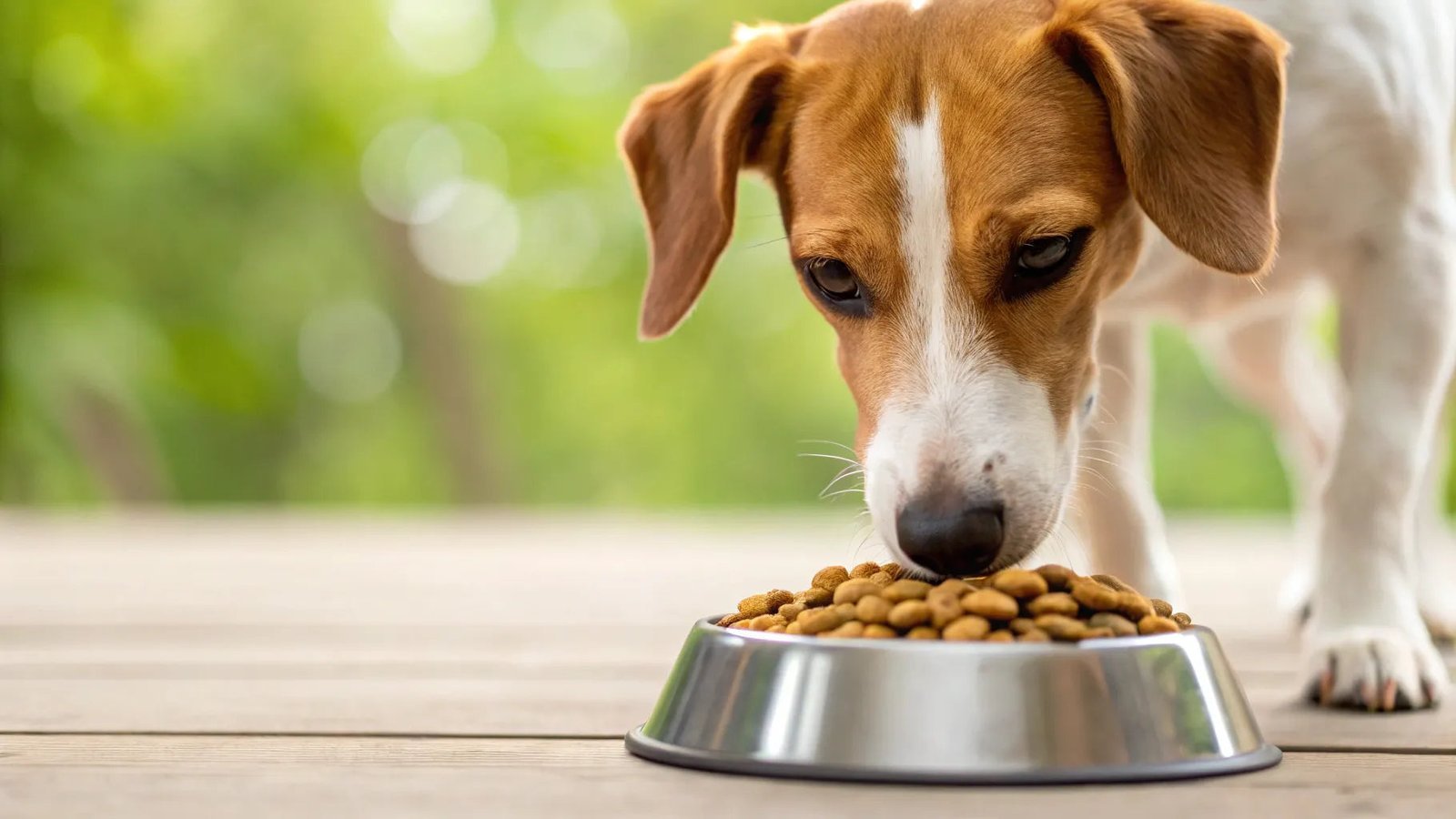 Measuring dry dog food into a bowl using a standard kitchen scale.