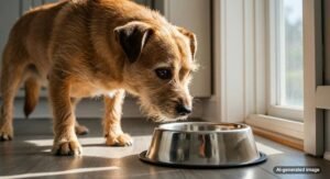 A healthy dog waits for a nutritious meal in a bright, modern kitchen.