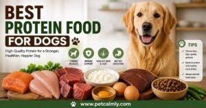 A healthy dog sitting near a bowl of nutritious whole food ingredients.