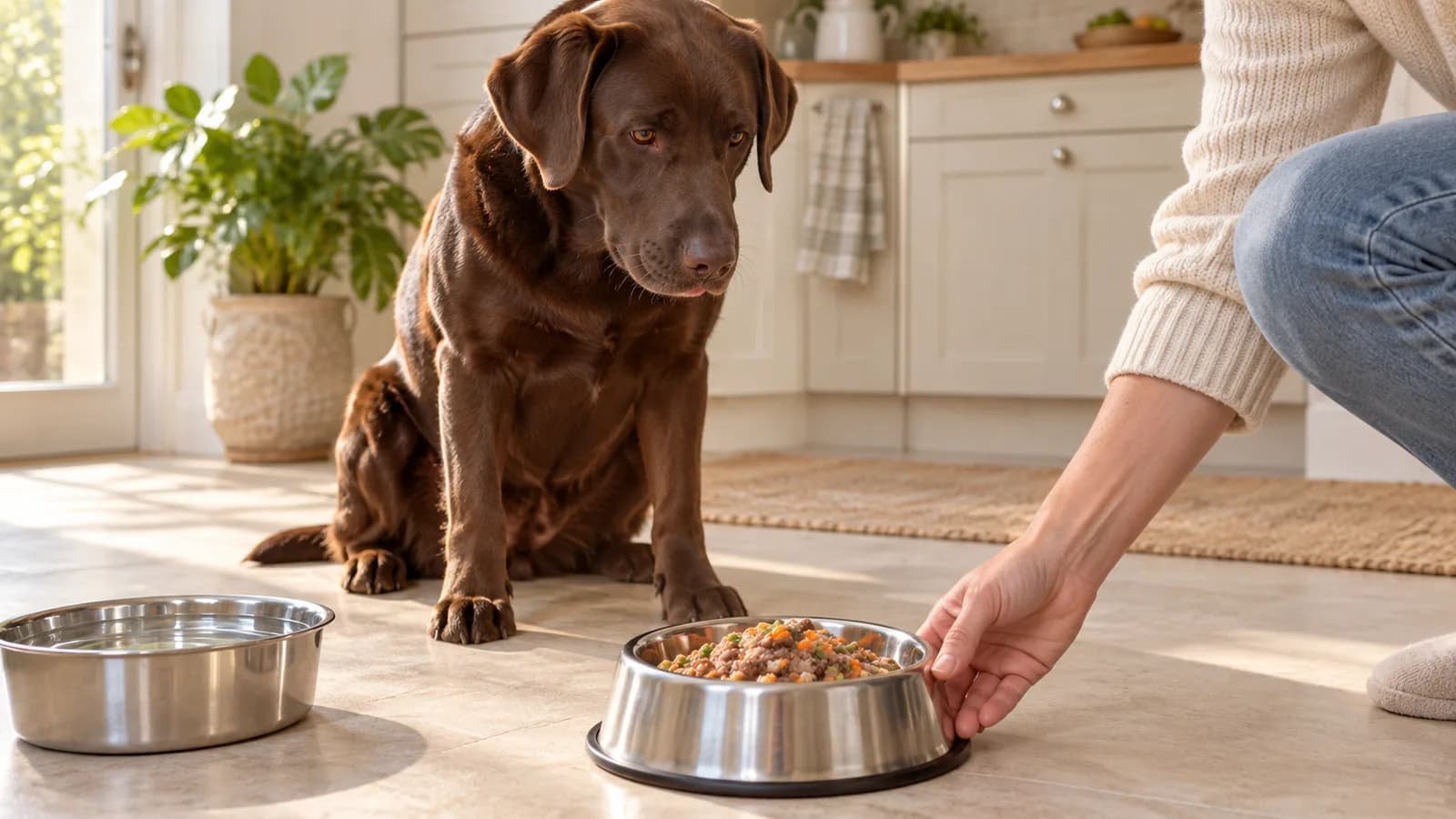 A healthy dog waiting to eat from a bowl of nutritious dog food.