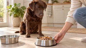 A healthy dog sits beside a bowl of nutritious and safe dog food.