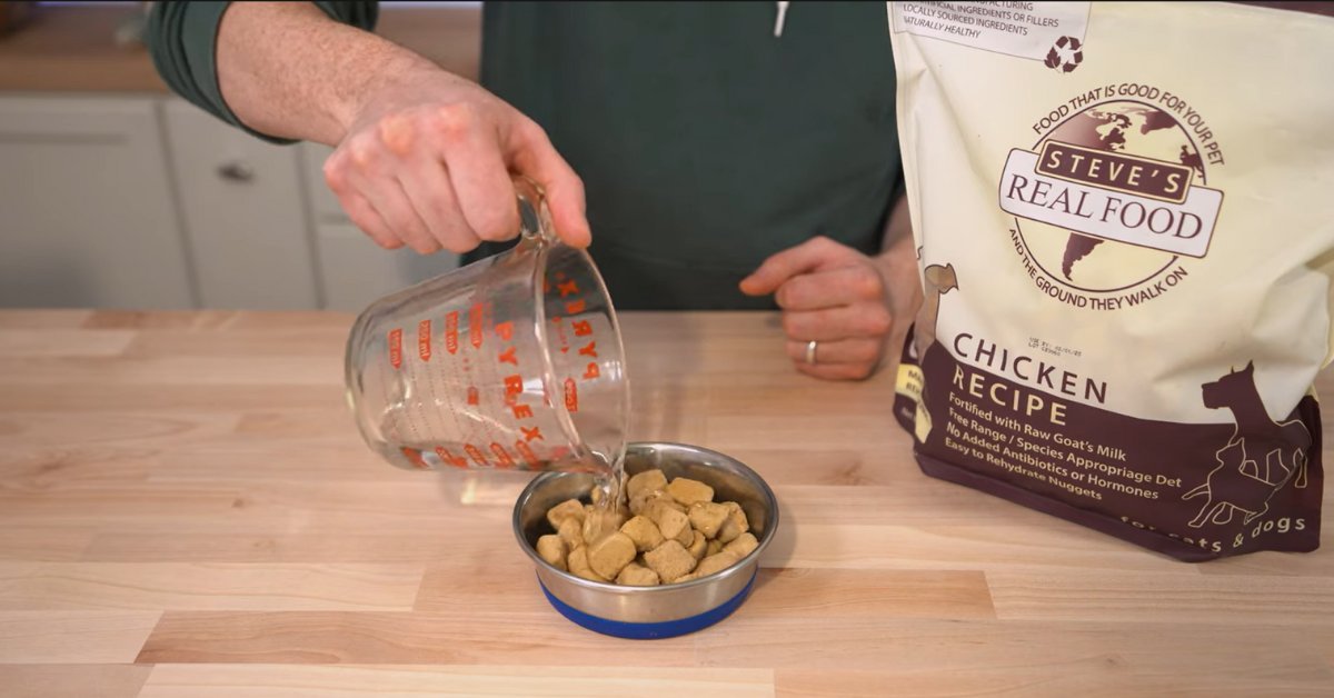 A bowl containing nutritious dog food kibble mixed with fresh vegetable supplements.