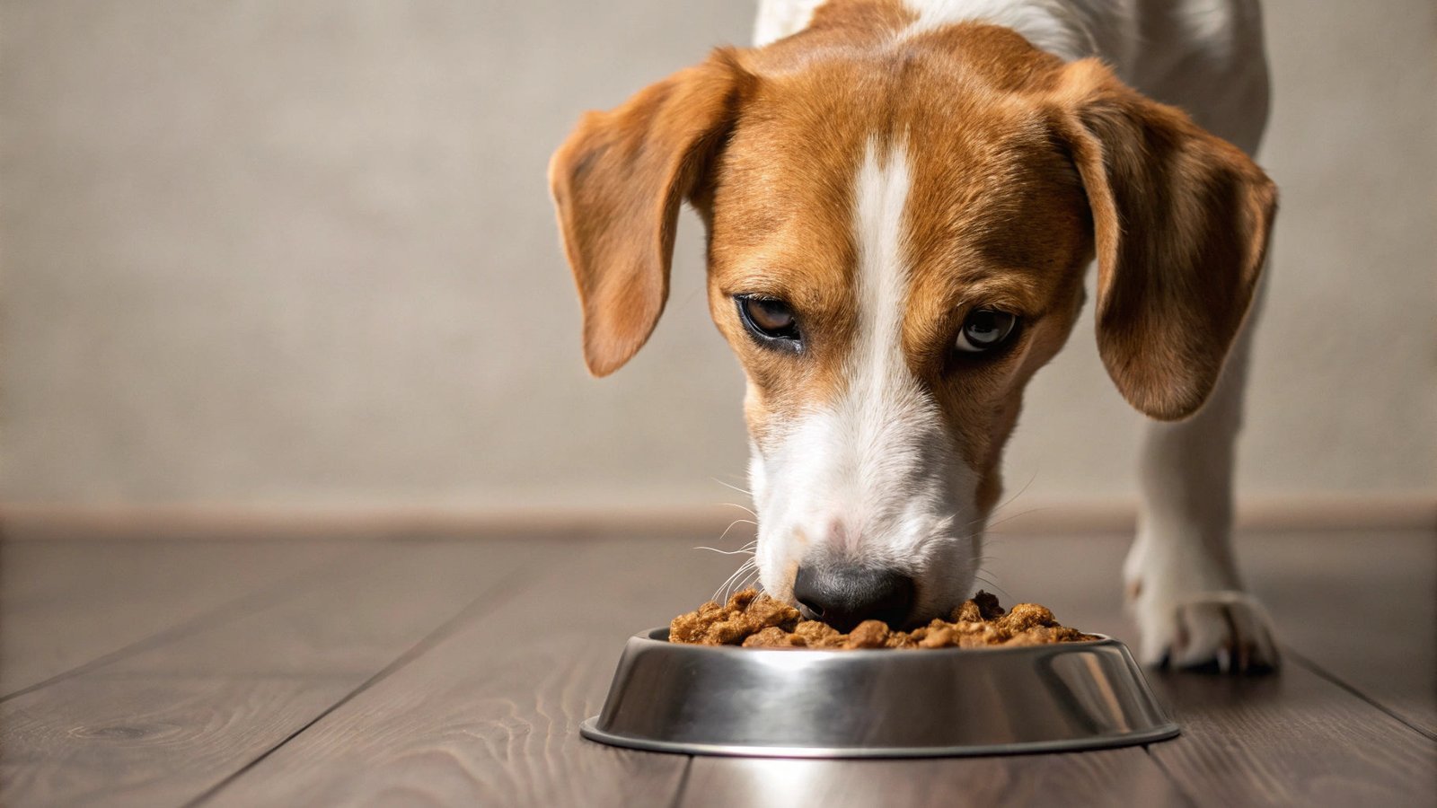 A bowl of healthy dog food featuring protein and vegetables on a floor.