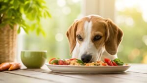A healthy dog waiting to eat nutritious food in a bright modern kitchen.
