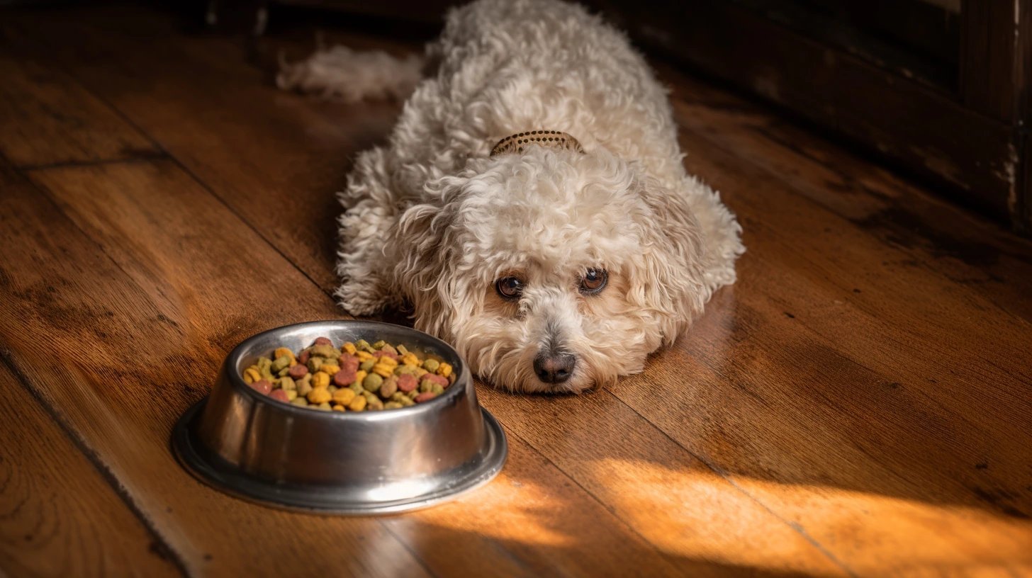 Measuring the correct portion of dog food into a clean bowl.
