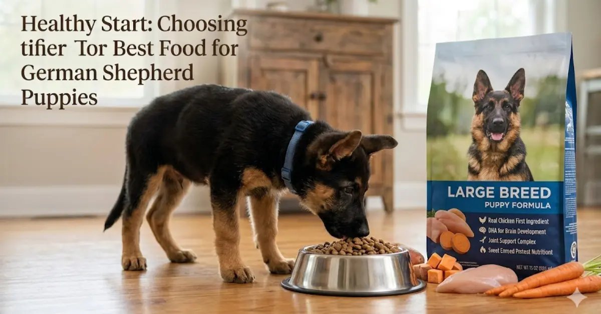 Adult German Shepherd sitting next to a bowl of premium dog food.