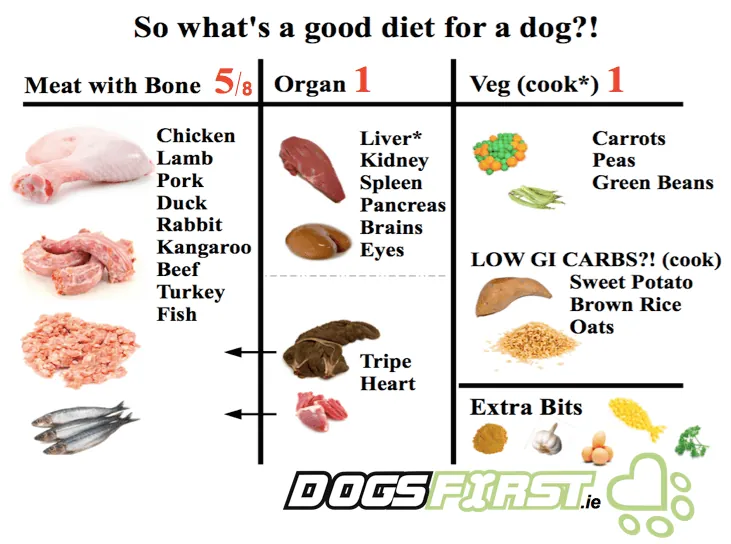 Bags of dog food sit beside fresh chicken and fish ingredients.
