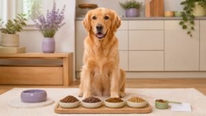 A brown dog resting beside a bowl of grain free dog food.