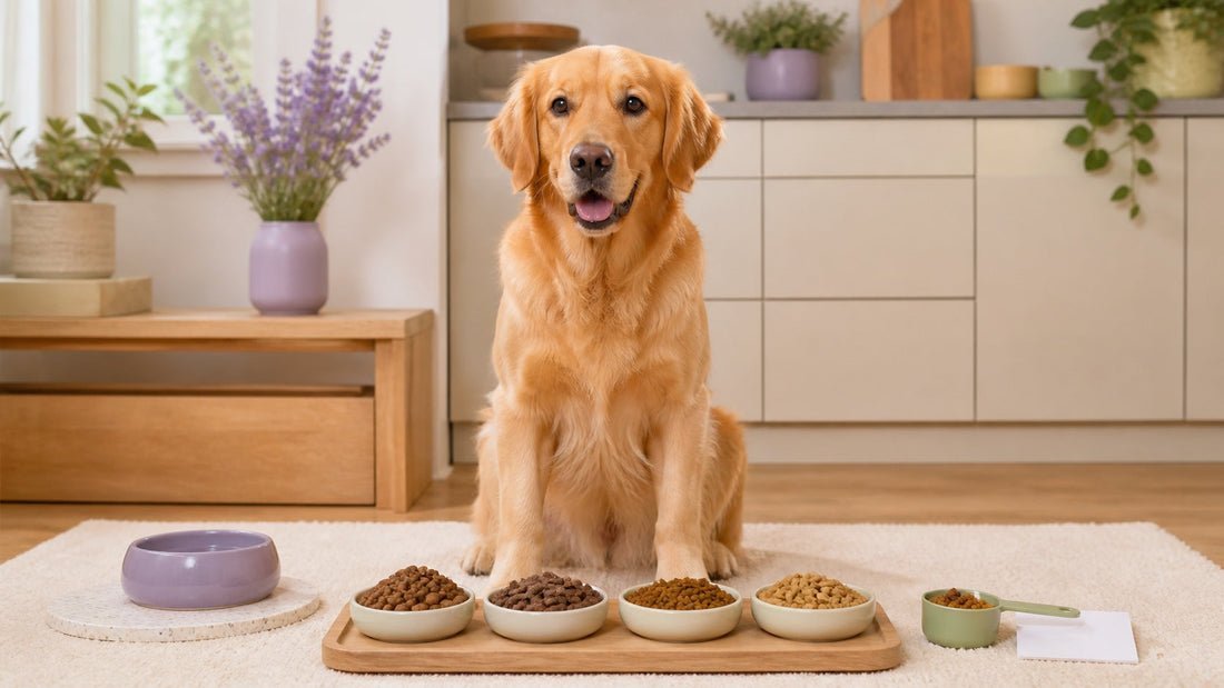 A brown dog resting beside a bowl of grain free dog food.