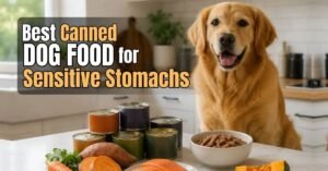 A ceramic bowl of canned dog food sits on a marble countertop.
