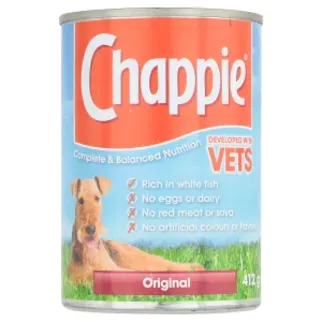 Chappie dry kibble and wet cans displayed with wholegrain cereals