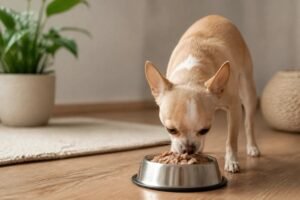A chihuahua sits beside a bowl of wet dog food.