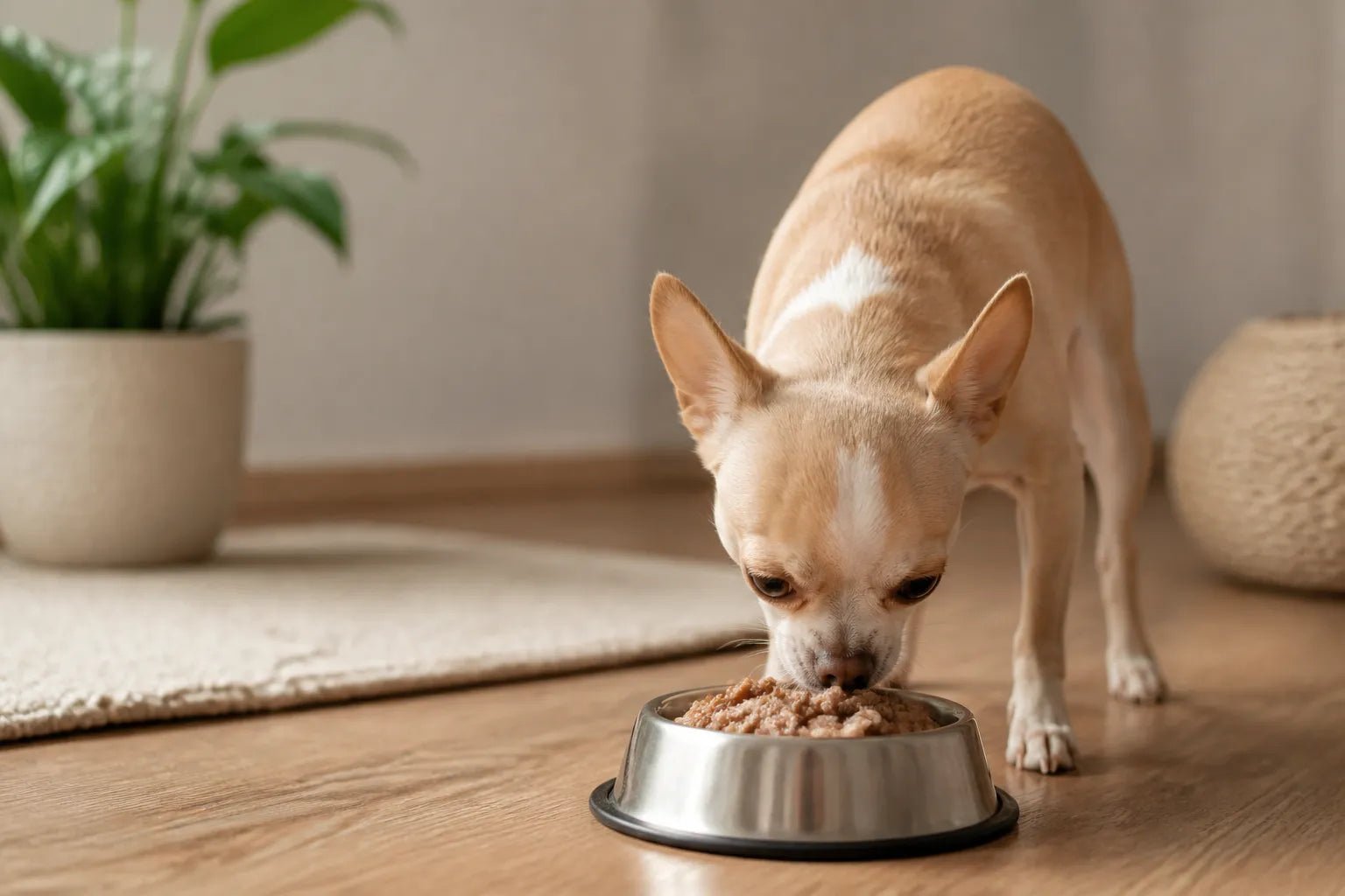 A chihuahua sits beside a bowl of wet dog food.