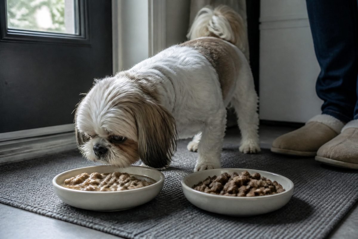 A curious dog approaches a bowl of healthy, high-quality dog food for finicky eaters.