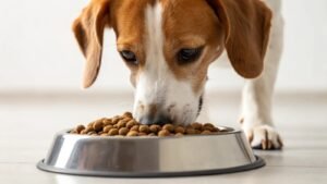 Extra-large dog kibble in a steel bowl beside measuring tools