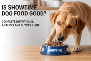 A golden retriever sitting near a bowl of high quality dog food.