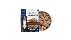 Golden retriever waiting beside a measured bowl of dog food in a bright kitchen