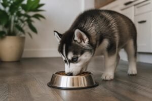 A happy husky puppy sitting in a modern home near a bowl of dog food.