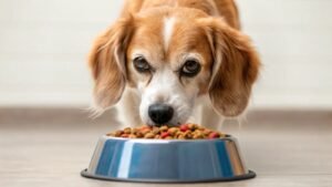 A happy senior small breed dog sits beside a bowl of healthy dog food.