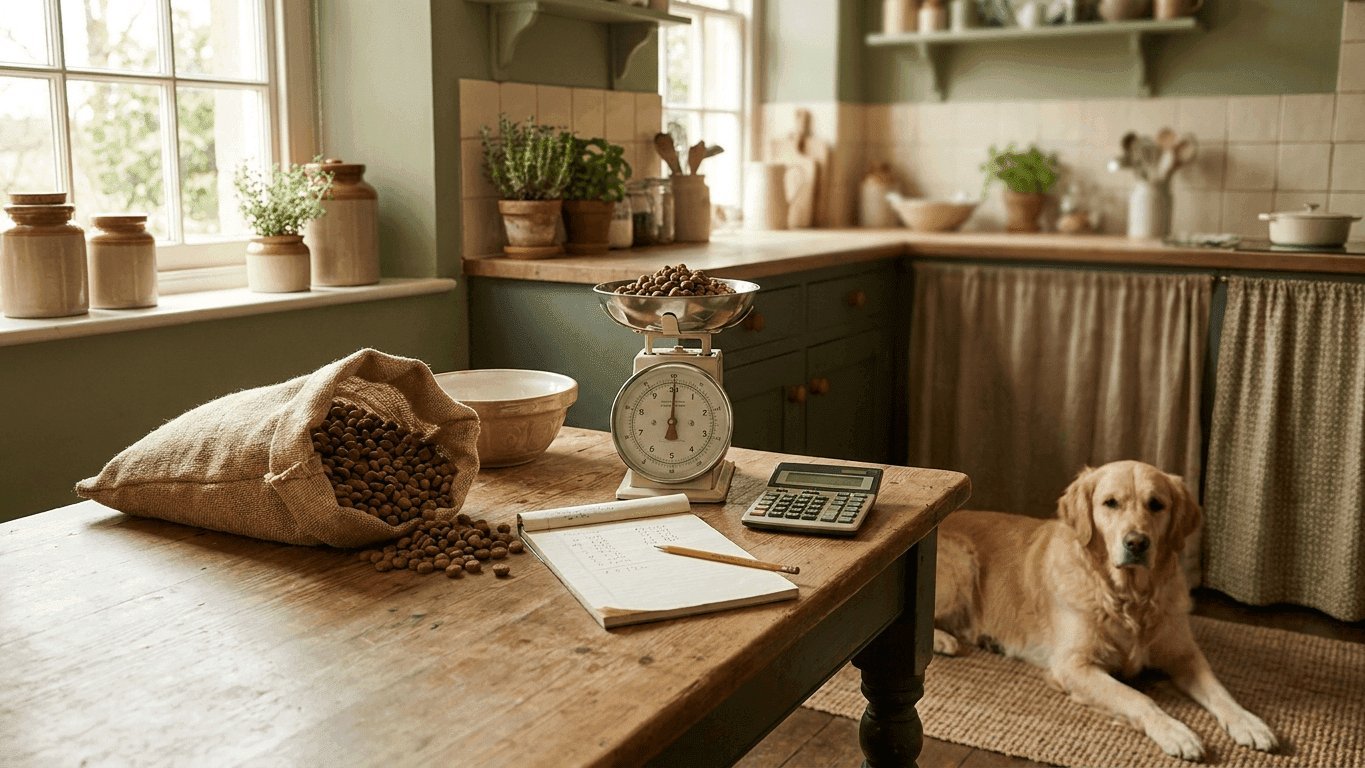 A large bag of dog food sits beside a stainless steel bowl.