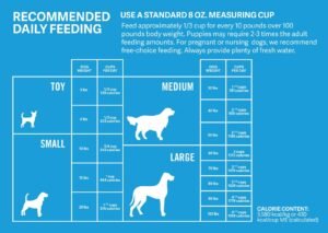A large dog standing beside a food bowl and measuring cup.